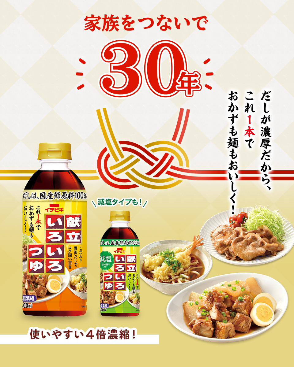 献立いろいろつゆ／家族をつないで30年 さらに美味しくリニューアル！／だしが濃厚だから、これ1本でおかずも麺も美味しく！